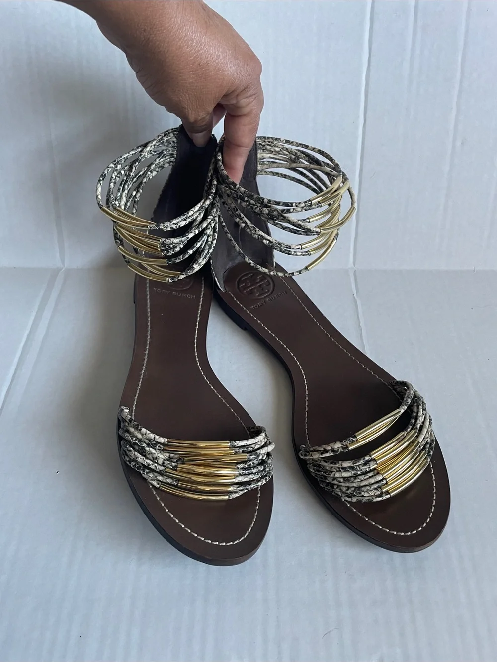Tory Burch Gold and Snake-Print Ankle Wrap Ladies Sandals Size 9.5